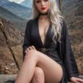 The witch in the mountains，A blonde woman sitting with one leg crossed.