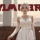 Computer tablecloth， magazine cover photo of white-haired beauty， real person， white-haired beauty in silver dress standing in front of window