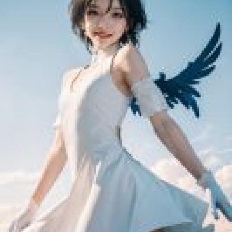 元慈，一個手臂上有天使光環和黑色翅膀的女孩。