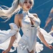 Anachiro aka Cinderella NIKKE，Woman in white dress with blue sky in background.