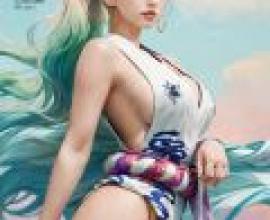 Yamato，One Piece，身穿白襯衫、長角、戴著金耳環的女子。