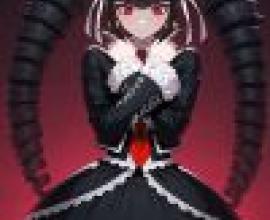 celestia ludenberg danganronpa，A girl with black hair in buns and a red necklace.