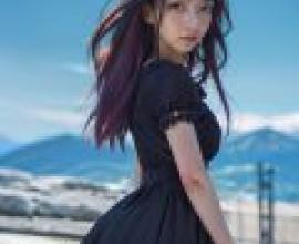 Lutecia Alpine Magical Girl Lyrical Nanoha ViVid，A woman with long black hair posing in front of mountains.