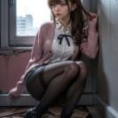 Fujino Mitsuki Zombie no Afureta Sekai de Ore dake ga OsowarenaiWoman with a cat in her hand looking at the camera.