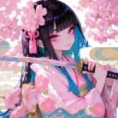 New Year cherry blossom trees，A girl with blue hair holds a sword.