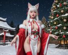 聖誕節女孩，一位戴著貓耳朵洋裝的女子對著鏡頭擺姿勢。