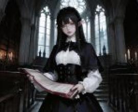 The Shadow of the Church，A woman in black dress with her eyes closed.