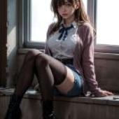 Fujino Mitsuki Zombie no Afureta Sekai de Ore dake ga OsowarenaiA woman sits on a window sill.