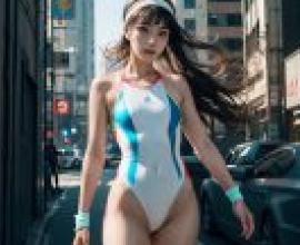 城市游泳，身穿藍白泳衣的女子。