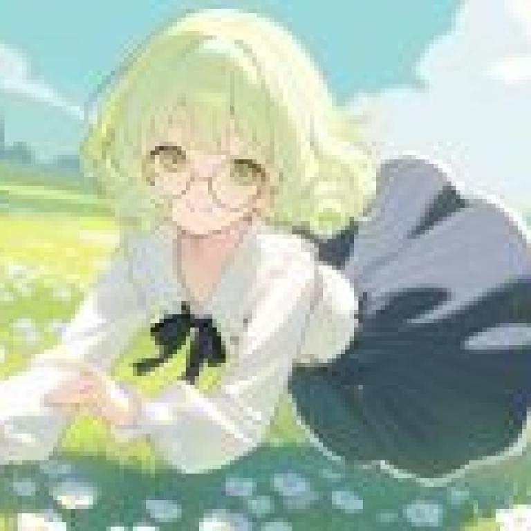 綠草地上一個美麗的夢境，穿著洋裝的動漫人物。