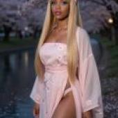 Experience Chinese culture，A blonde model wearing a kimono walks in front of cherry blossom trees.
