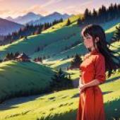 A Woman in a Red Dress Standing in a Field with Mountains in the Background and a House in the Distance  Atey Ghailan  Anime Art  a Detailed Matte Painting  Cloisonnism
