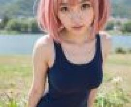 一位有著粉紅色頭髮的漂亮女孩對著鏡頭擺姿勢。