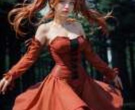 Natalie，史詩戰鬥幻想，一位穿著紅色連身裙、頭髮染成紅色的年輕女子。