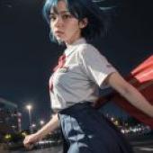 Yuu 超級真實麻將女孩，穿著藍色裙子。