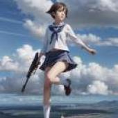 宮藤芳佳，強襲魔女，一個手持弓箭和槍在空中飛行的女孩。