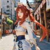 nilou， genshin impact，A woman in red hair and blue dress.