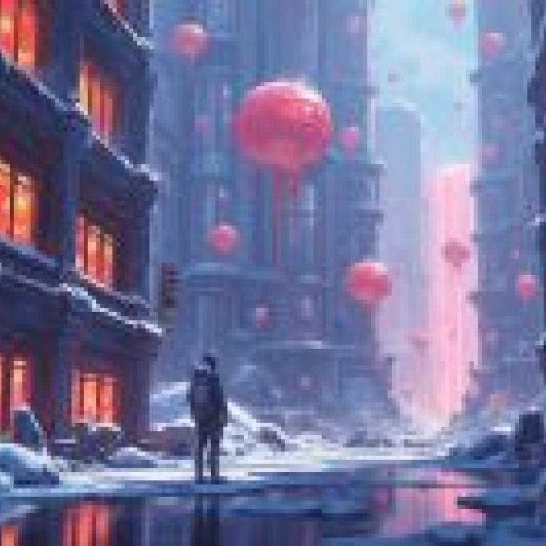 Invasion of the city，A man walking in the snow with giant red balls floating in front of buildings.