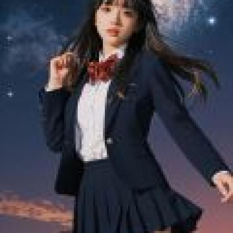 桂言葉 School Days，一位穿著制服的女孩站在月亮前。