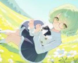 綠草地上一個美麗的夢境，卡通女孩戴著眼鏡。