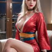 紅色美女，一位身著和服的女子坐在沙發上。