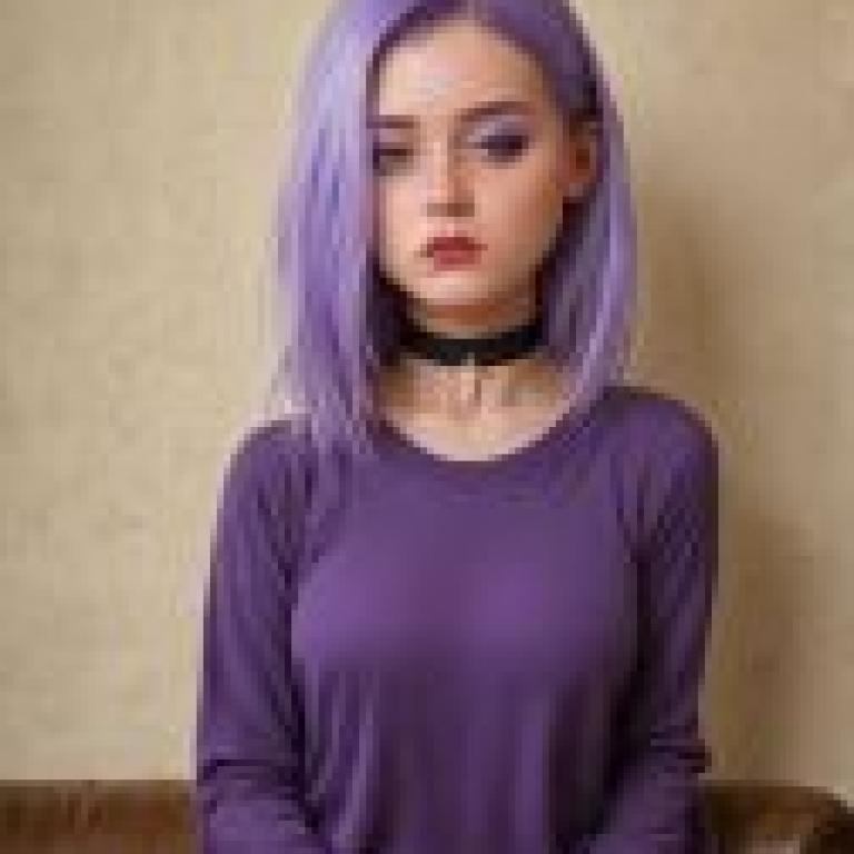 Flat，Duolingo，紫色頭髮和紫色服裝的女子。