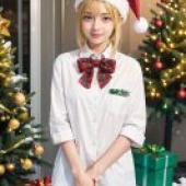 Ijichi Nijika Bocchi the Rock，A lady wearing santa hat and white shirt is posing with gifts.