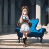 時間引導者，一個女孩坐在腳凳上，手裡拿著書。