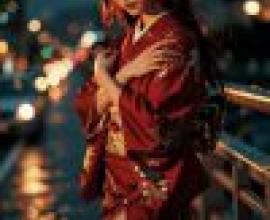Japanese kimono，A girl standing in the rain with her arm around her waist.