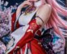 girls，A girl wearing a red and white kimono and a pink wig with gold horns.