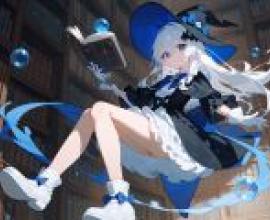 Naughty Magic Girl，Blue witch reads book with wand in hand.