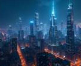 城市夜景，城市天際線被藍色的燈光點亮。