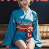 MahjongSoul，Model in blue kimono on bench.