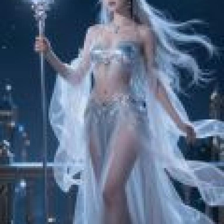 女神的恩典，身穿銀色長袍、留著金色長髮、手持水晶球的女子。