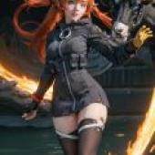 Orphie Magnusson Zenless Zone Zero，Anime girl holding a bulls head and looking at you.
