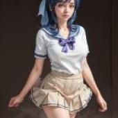 萩浦優奈 Sansha Mendan 藍髮少女。