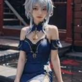 Ganyu，Genshin Impact，Blue haired anime girl sitting on step.