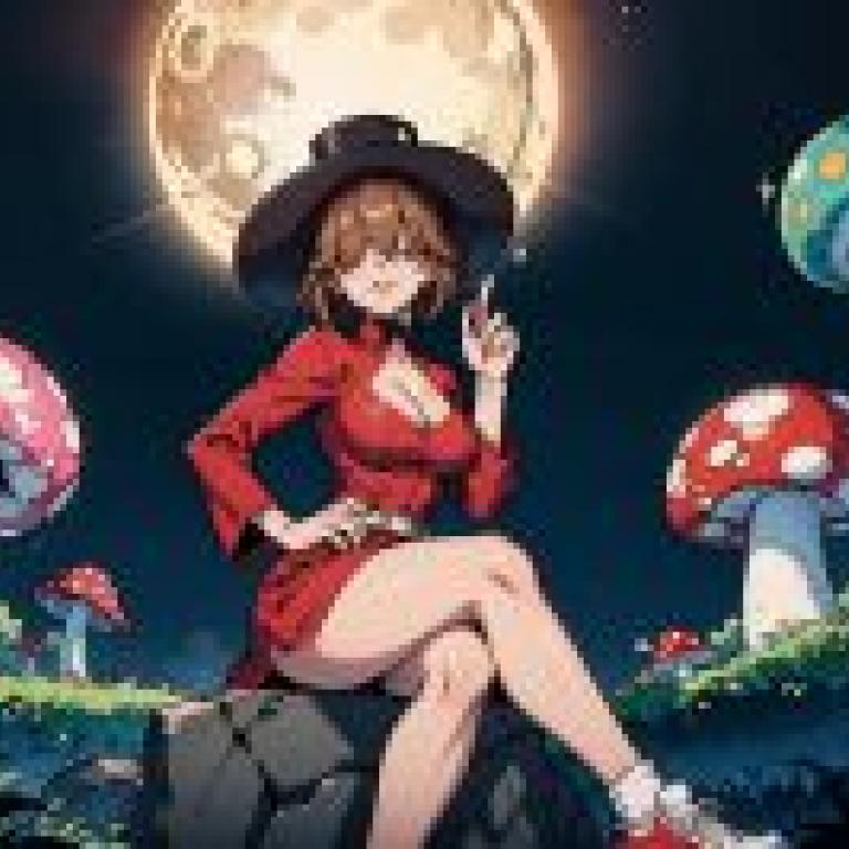Mushroom Fantasy，A woman in red dress posing with mushrooms.