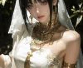 parallel，A woman wearing white and gold dress with flowers in her hair.