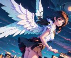 動漫美少女人物，飛翔滿月夢—翅膀女孩滿月幻想，夜景桌布免費下載