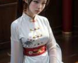 Chinese daughter clothing，Girl in costume with red bow on her waist.