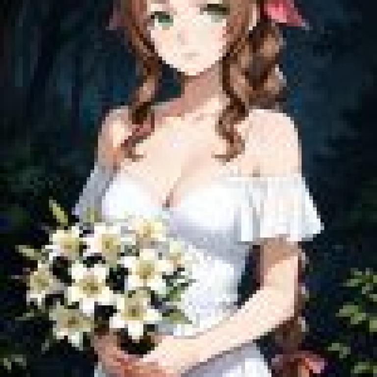 aerith gainsborough final fantasy 7，Girl with flowers and bow holding them.
