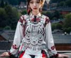 Miao clothing Hmong costume white 苗疆服裝，A woman with white and red clothing sitting on the counter.