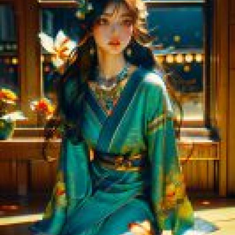手機桌布，漢服，寫實，一位身穿藍色衣服、頭戴鮮花的女孩。