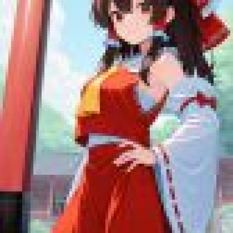 Reimu Hakurei，A woman with long brown hair standing by a red pillar.