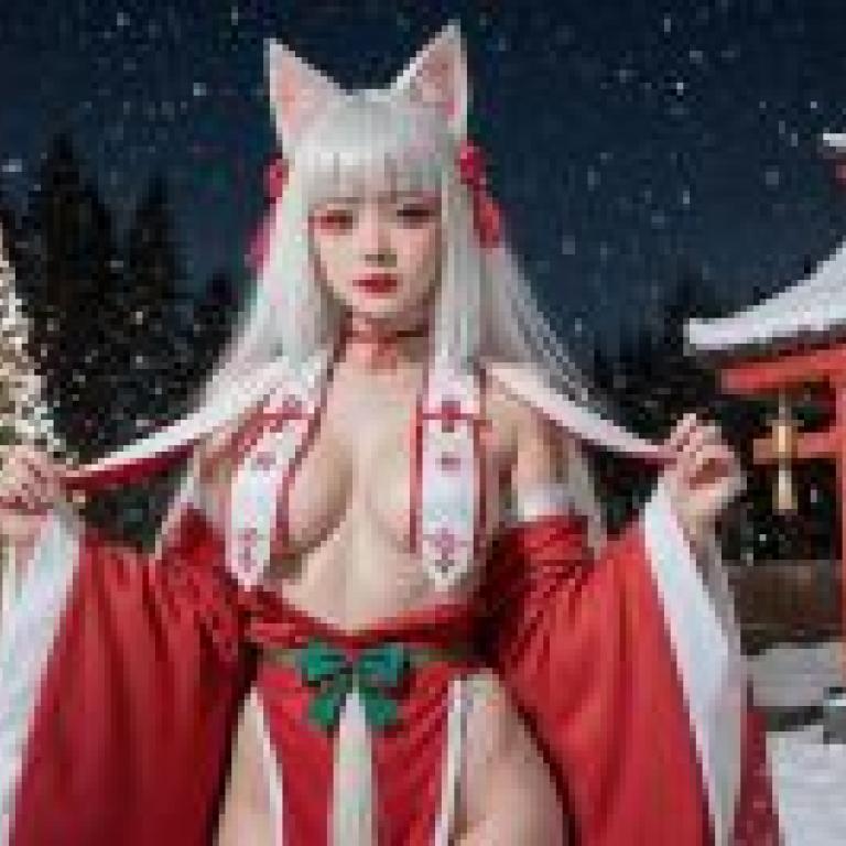 聖誕節女孩，一個打扮成貓的女孩，戴著紅色蝴蝶結和緞帶。