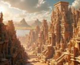 亞特蘭提斯幻境，一座坐落在海邊山丘上的城堡，夕陽西下。