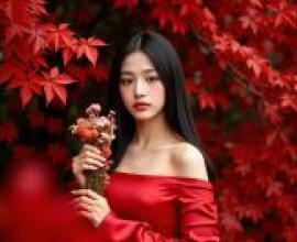 紅色夢，一名身穿紅衣的女子手捧花束。