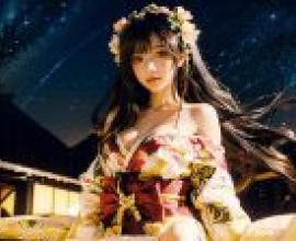 電腦桌布，花朵星空和服美女，真人，花朵星空下的和服美女