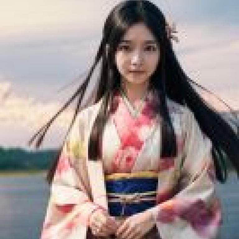 kimono uchikake hime，Model wears kimono on beach.